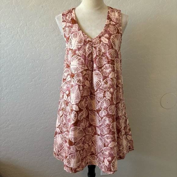 Tahari Pink Leaf Print V-Neck Sleeveless Linen A-Line Dress Pockets Size Small - Picture 2 of 11
